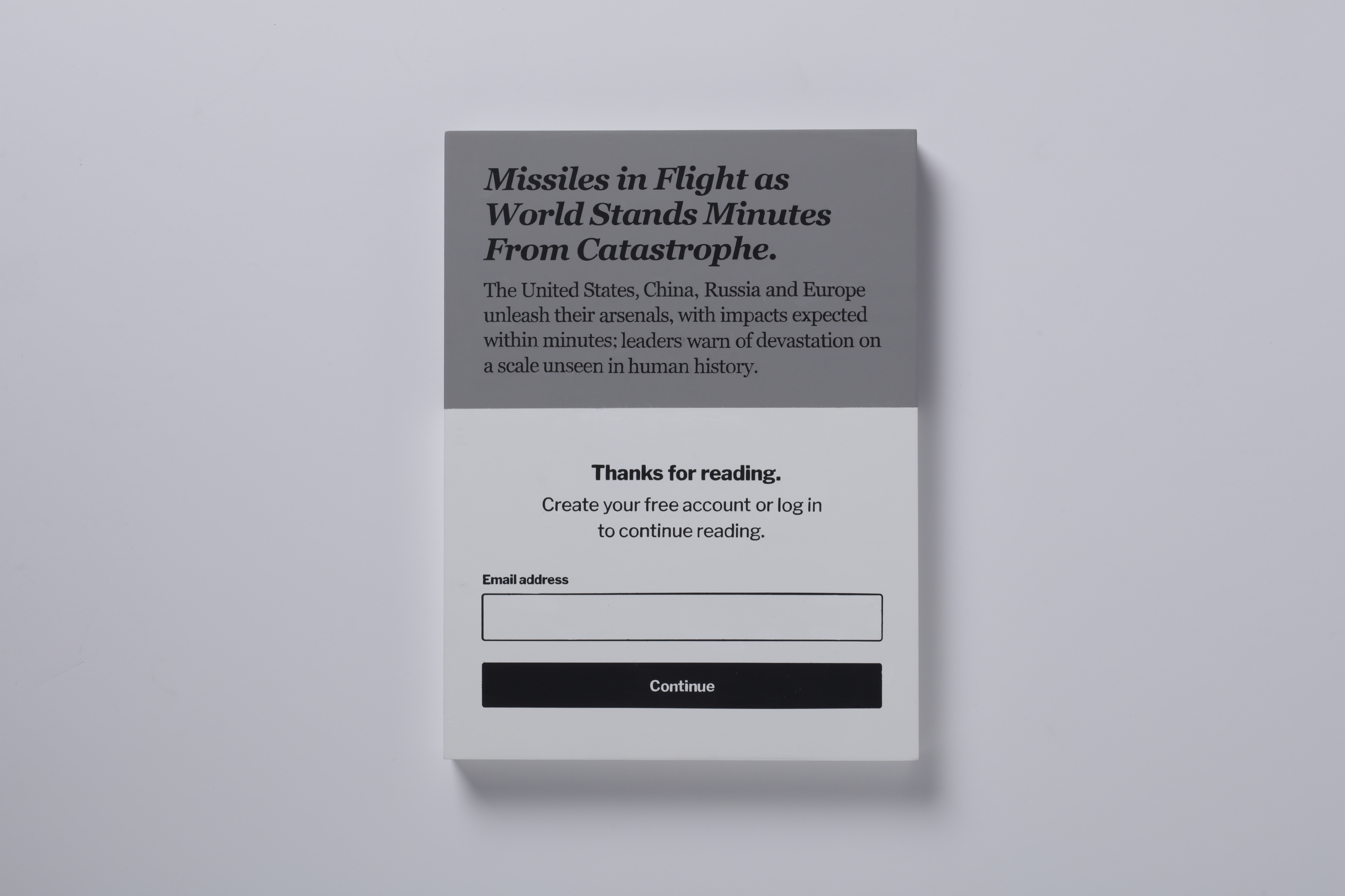 Painting of a paywall interface blocking an end of the world article 